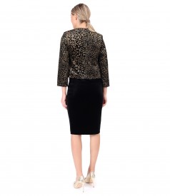 Velvet bolero printed with golden motifs with black velvet tapered skirt