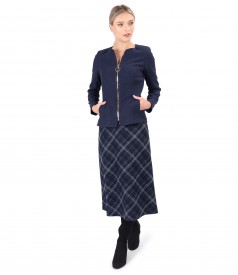 Office outfit with plaid midi skirt and zippered jacket on the front