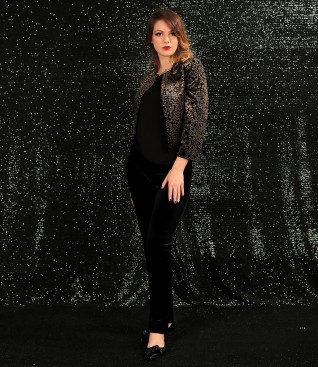 Velvet bolero printed with golden motifs with velvet pants