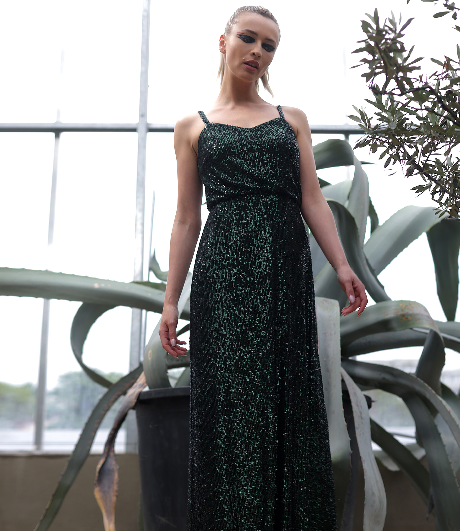 Long sequined dress with straps
