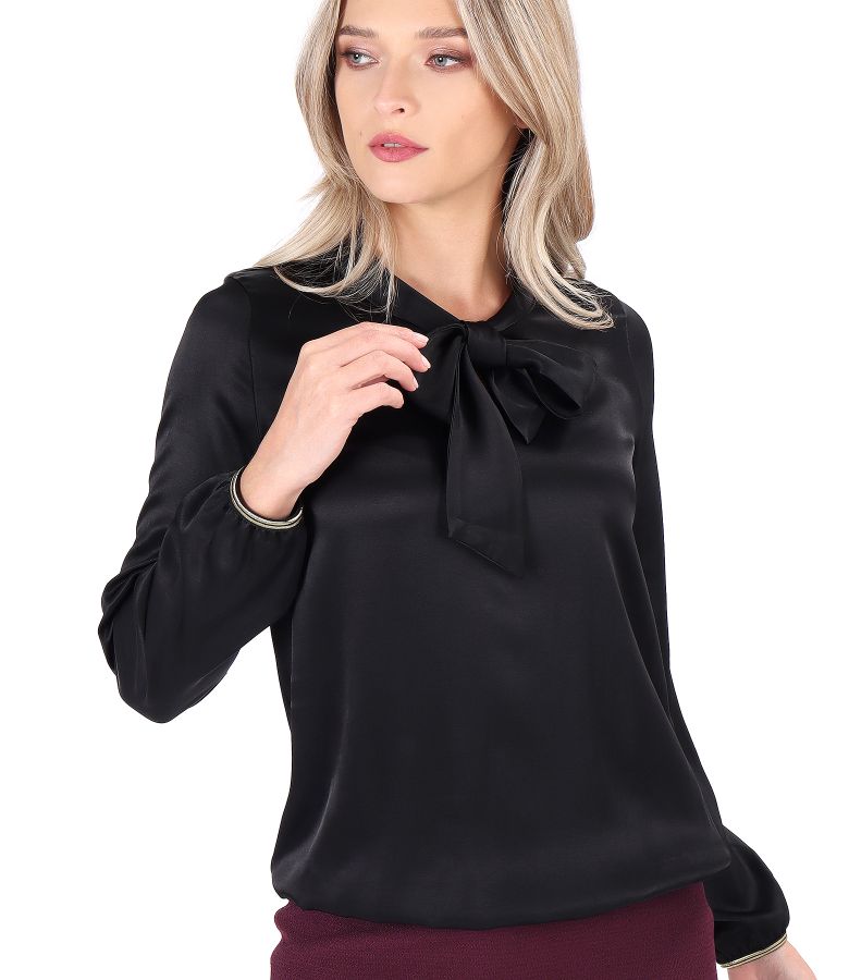 Viscose satin blouse with scarf collar black - YOKKO