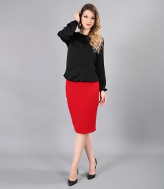 Viscose satin blouse with elastic fabric office skirt