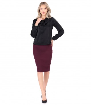 Office outfit with tapered skirt and blouse with scarf collar