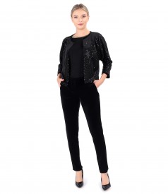 Elegant outfit with sequin bolero and elastic velvet pants