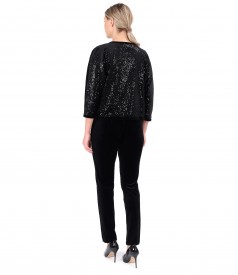 Elegant outfit with sequin bolero and elastic velvet pants