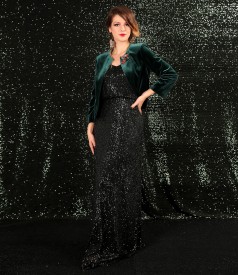 Elegant outfit with long sequin dress and velvet bolero