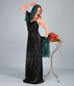 Elegant outfit with natural silk shawl and long sequin dress