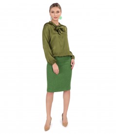 Office outfit with skirt and satin viscose blouse