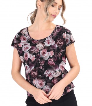 Blouse with veil front printed with floral motifs