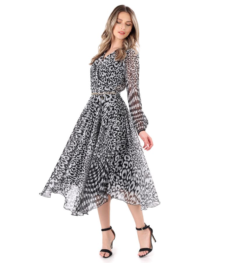 Elegant veil print dress with chain at the waist