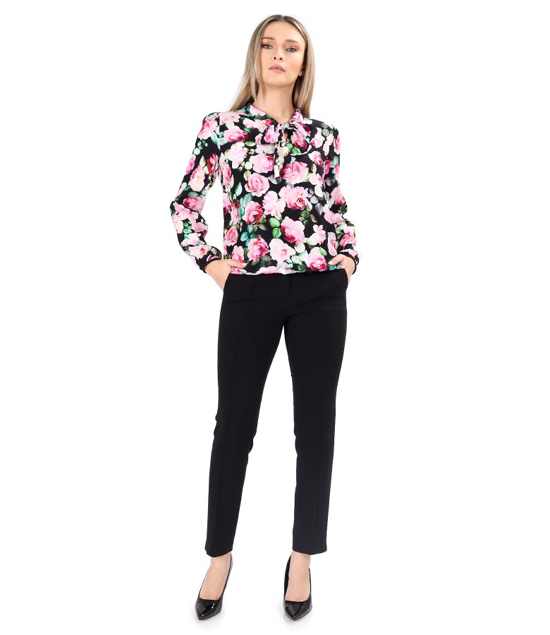 Printed viscose satin blouse with ankle pants
