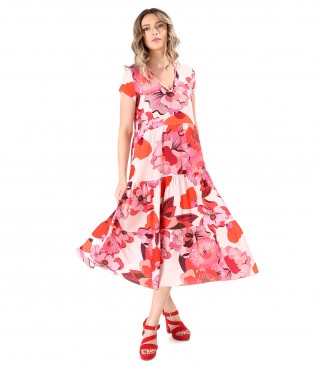 Midi dress with viscose ruffles printed with floral motifs