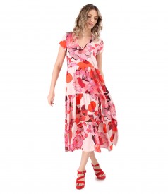 Midi dress with viscose ruffles printed with floral motifs