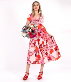 Midi dress with viscose ruffles printed with floral motifs