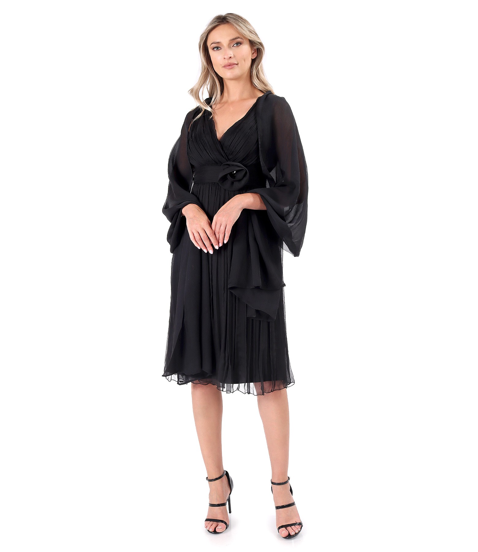 Natural silk voile evening dress with brooch