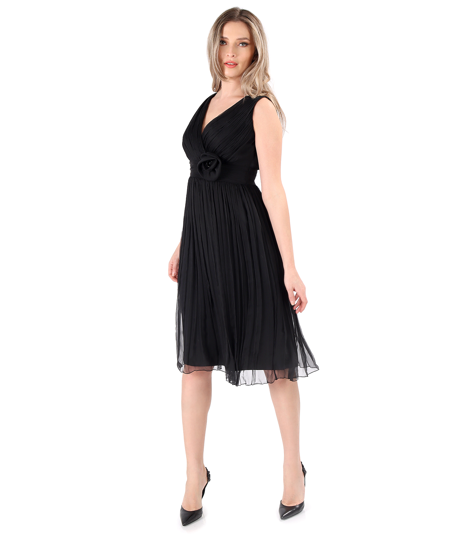 Natural silk voile evening dress with brooch