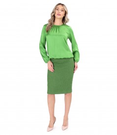 Elegant satin viscose blouse with tapered skirt made of wool and alpaca