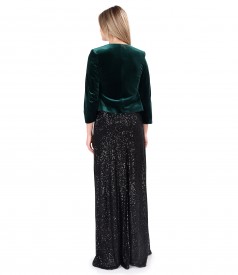 Elegant outfit with long sequin dress and velvet bolero