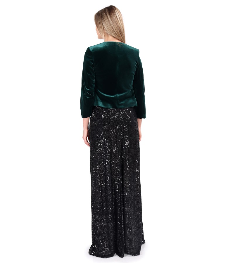 Elegant outfit with long sequin dress and velvet bolero