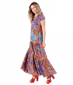 Long dress with ruffles made of printed viscose