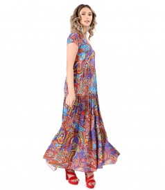 Long dress with ruffles made of printed viscose