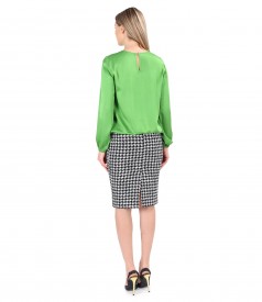 Office outfit with cotton skirt and satin viscose blouse