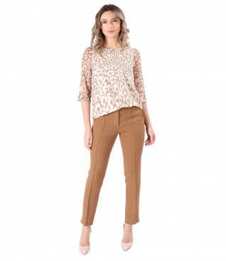 Elegant veil blouse printed with ankle pants