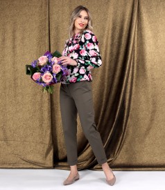 Elegant outfit with satin viscose blouse and cotton pants