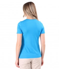 Elastic jersey blouse with decorative application at the neckline