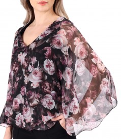 Butterfly blouse made of veil printed with floral motifs