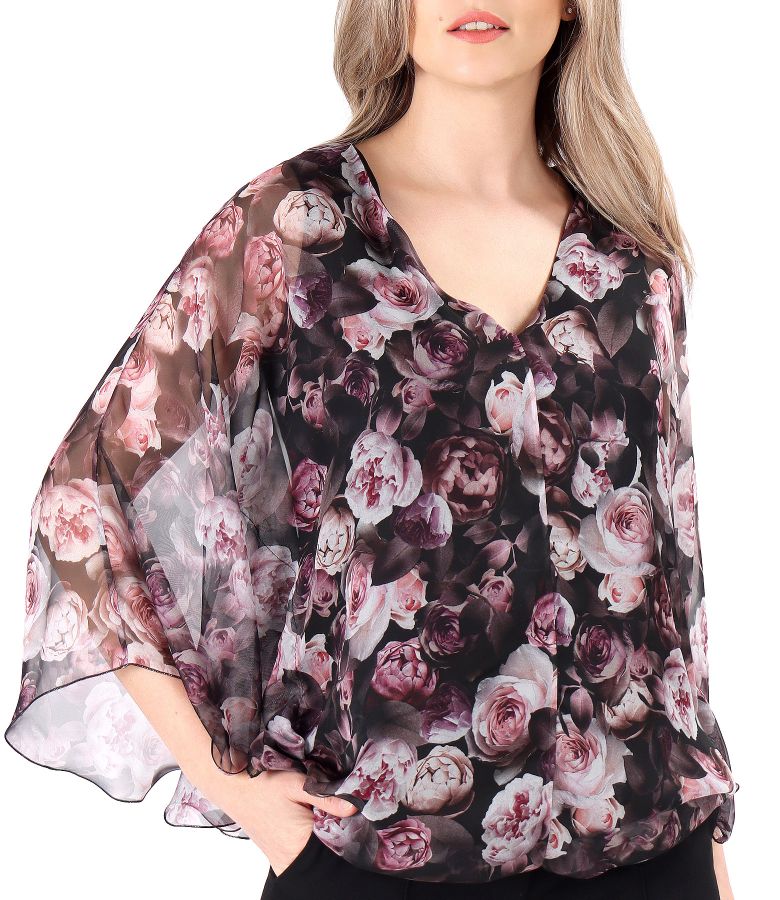 Butterfly blouse made of veil printed with floral motifs