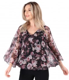 Butterfly blouse made of veil printed with floral motifs