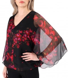 Butterfly blouse made of veil printed with floral motifs