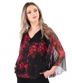 Butterfly blouse made of veil printed with floral motifs