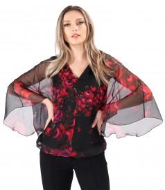 Butterfly blouse made of veil printed with floral motifs