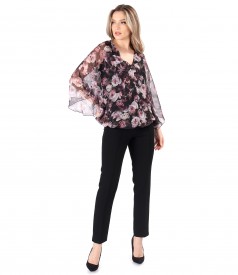 Elegant outfit with printed veil blouse and ankle pants