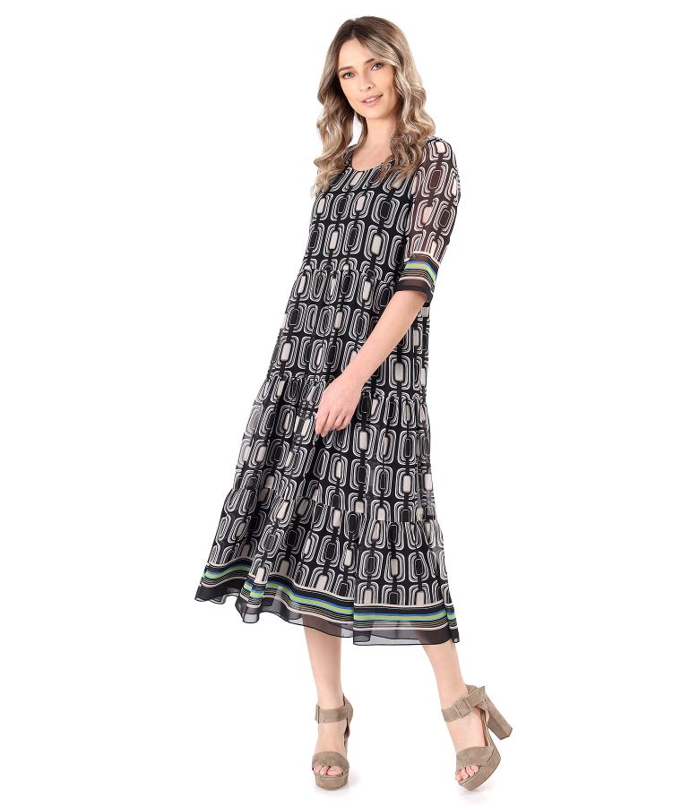 Midi dress with ruffles made of digitally printed veil