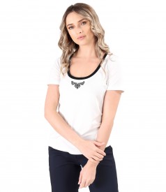 Elastic jersey blouse with decorative application at the neckline