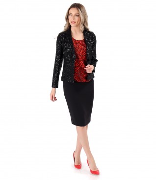 Black sequin jacket with tapered skirt and printed veil front blouse