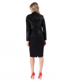 Black sequin jacket with tapered skirt and printed veil front blouse