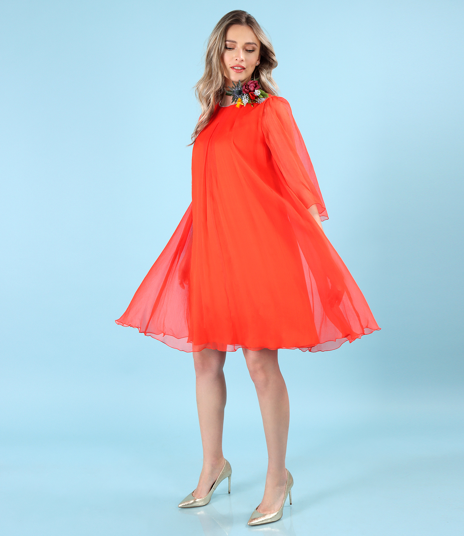 Natural silk chiffon dress with crystals