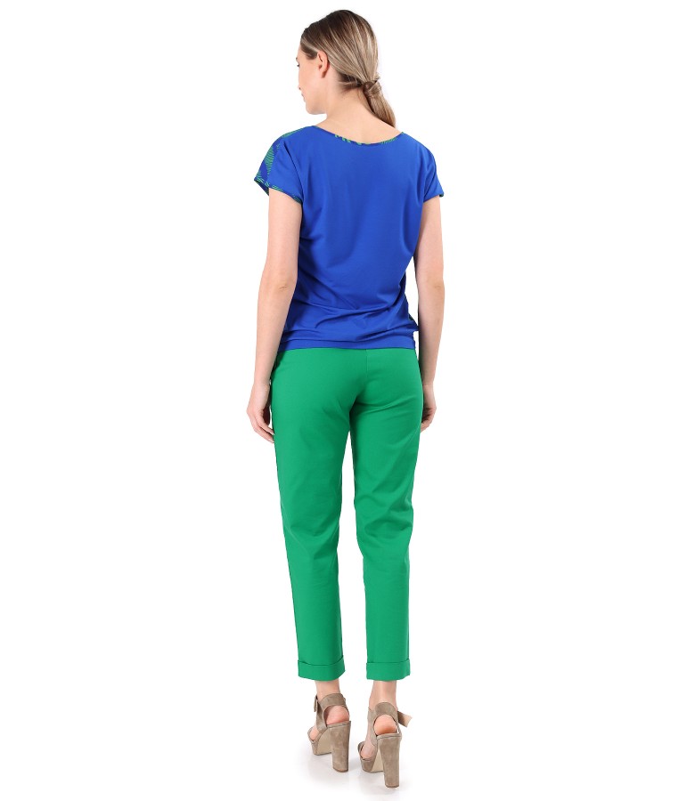 Casual outfit with cotton pants and blouse with veil front