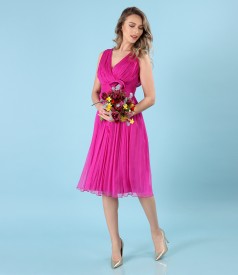 Natural silk veil evening dress with brooch