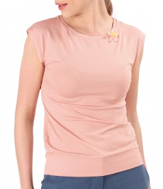 Elastic jersey elegant blouse with flower at the neckline