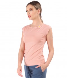 Elastic jersey elegant blouse with flower at the neckline