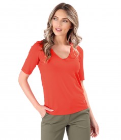Elastic jersey blouse with V neckline