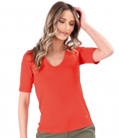 Elastic jersey blouse with V neckline