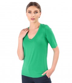 Elastic jersey blouse with V neckline
