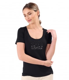 Elastic jersey blouse with decorative application at the neckline