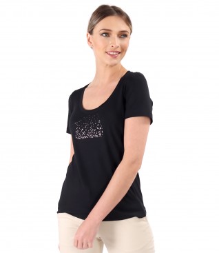 Elastic jersey blouse with decorative application at the neckline